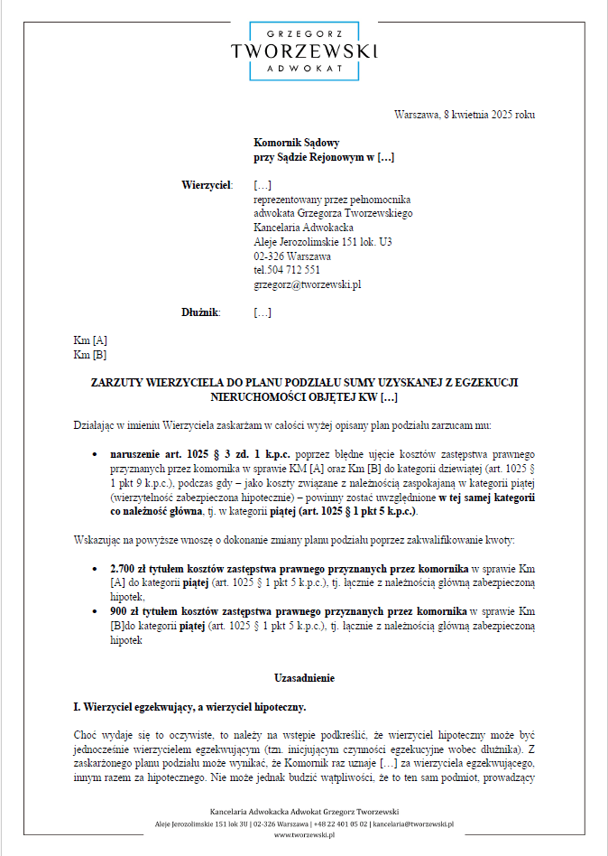 Zarzuty wierzyciela do planu podziału